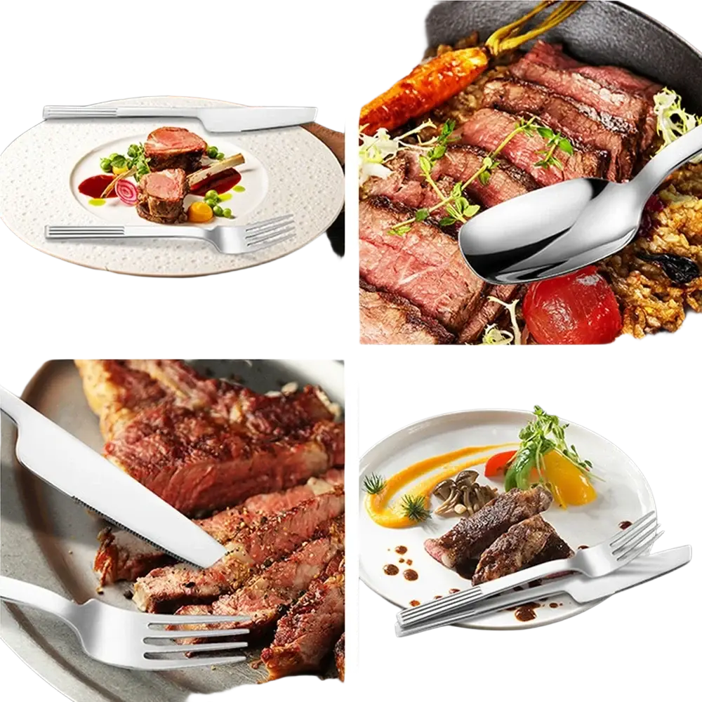 Shiny stainless steel spoon with smooth reflective surface and ergonomic handle from 24-piece stainless steel cutlery set