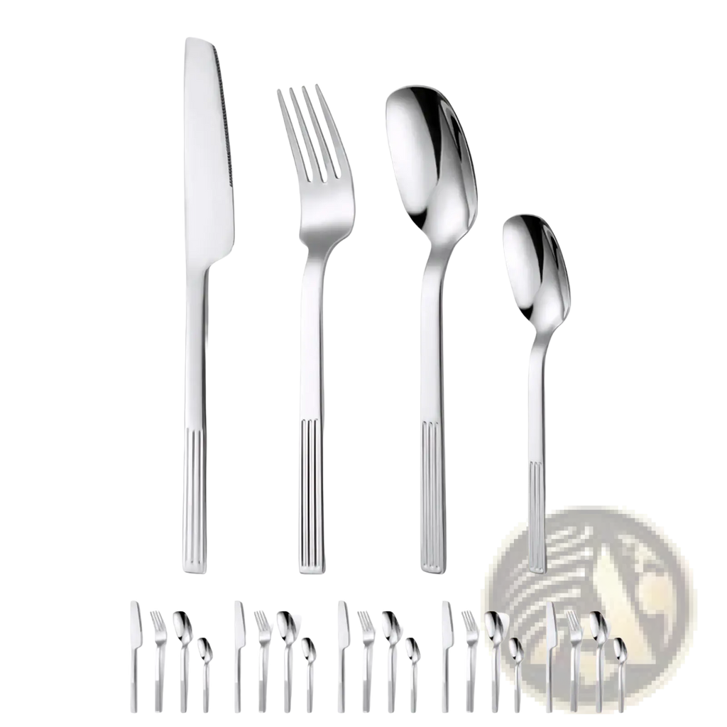 24-piece stainless steel cutlery set with shiny finish and sleek ribbed handles in modern design