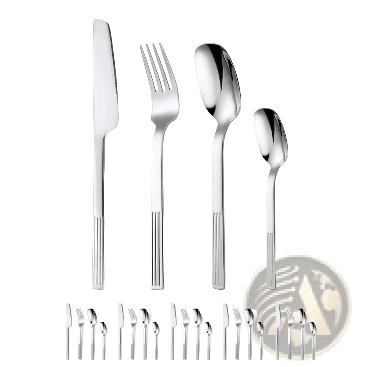 24-piece stainless steel cutlery set with shiny finish and sleek ribbed handles in modern design