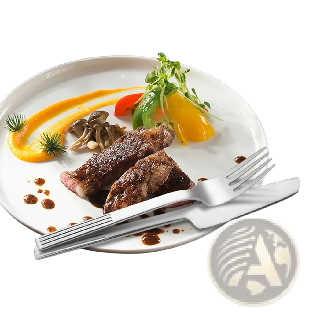 White ceramic plate with glossy finish holding seared steak and vegetables alongside 24-piece stainless steel cutlery set