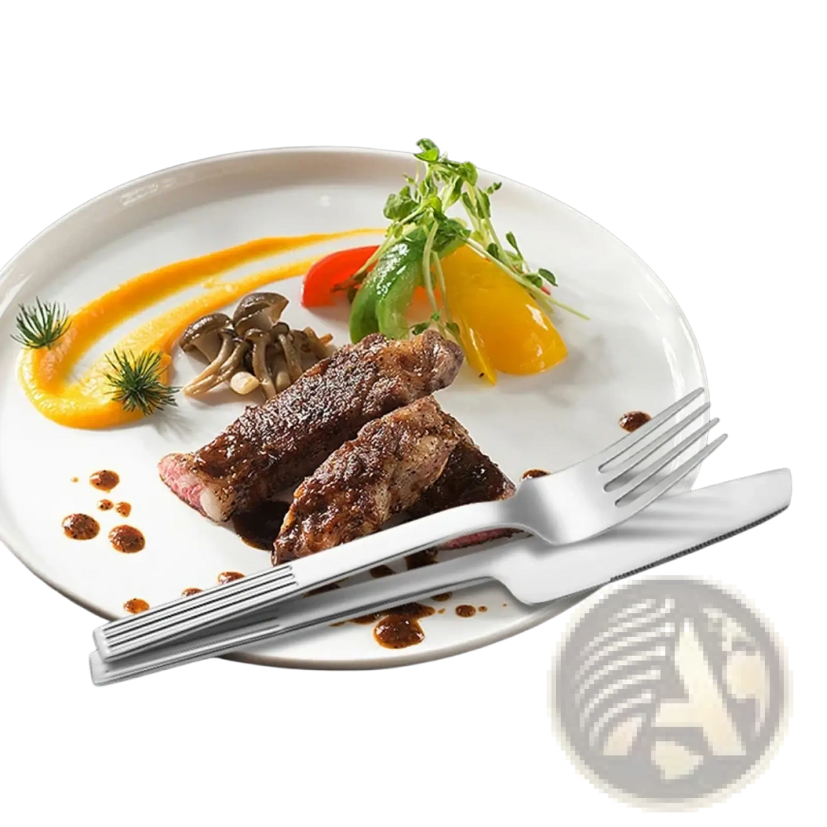 White ceramic plate with glossy finish holding seared steak and vegetables alongside 24-piece stainless steel cutlery set