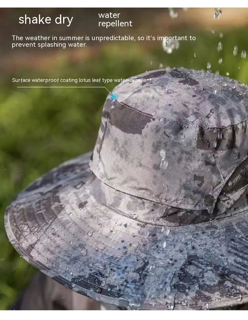 Gray camouflage-patterned men sun hat with a wide brim and water-repellent surface coating designed for hiking and equipped with a camera mount.