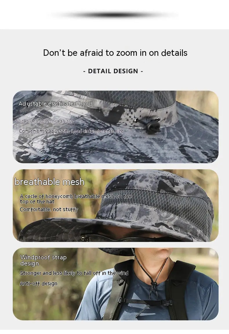 Camouflage-patterned men sun hat with adjustable elasticated hood and breathable mesh top designed for hiking with a camera mount and wide brim.