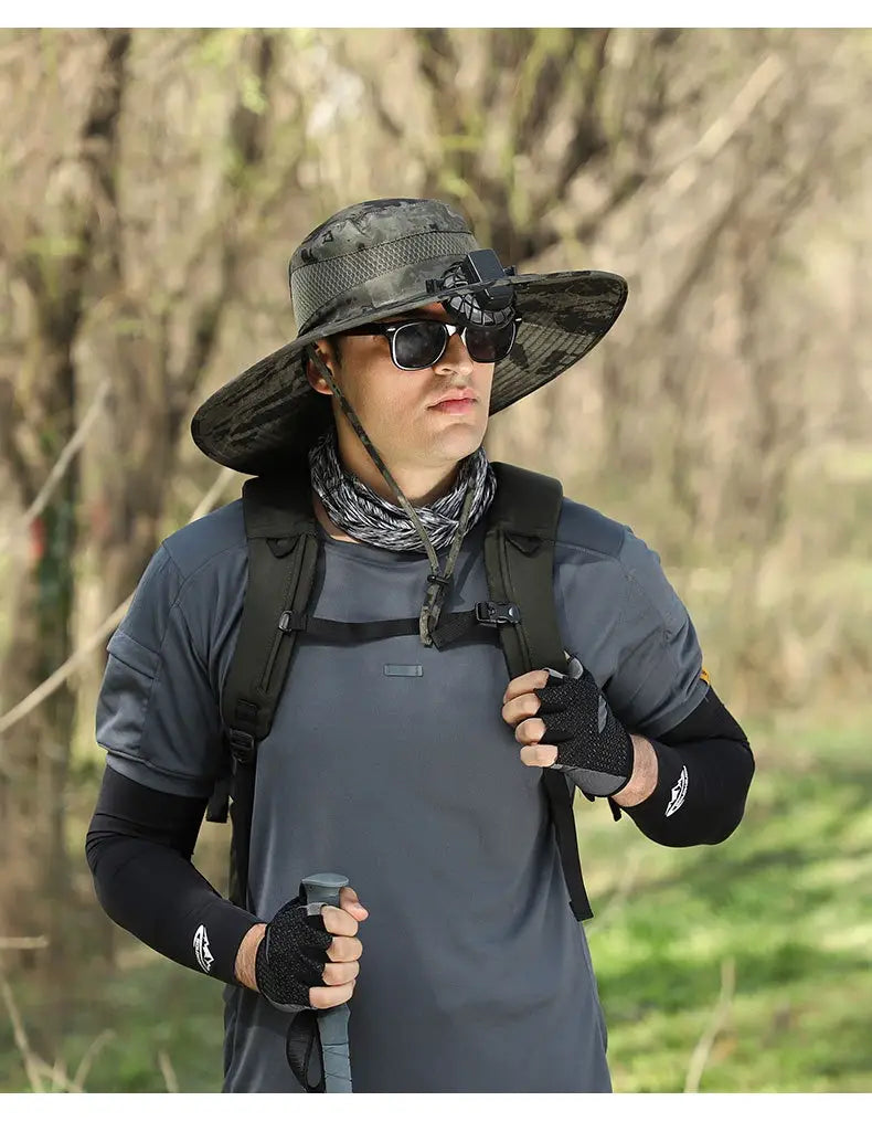 Camouflage-patterned wide-brimmed boonie hat with mesh panel and adjustable strap designed for men hiking and sun protection with camera mount.
