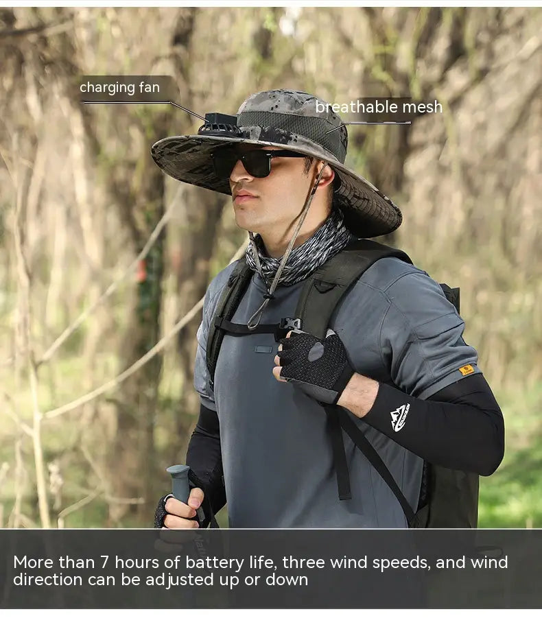 Camouflage-patterned men sun hat with wide brim made of breathable mesh featuring a built-in charging fan and camera mount designed for hiking.