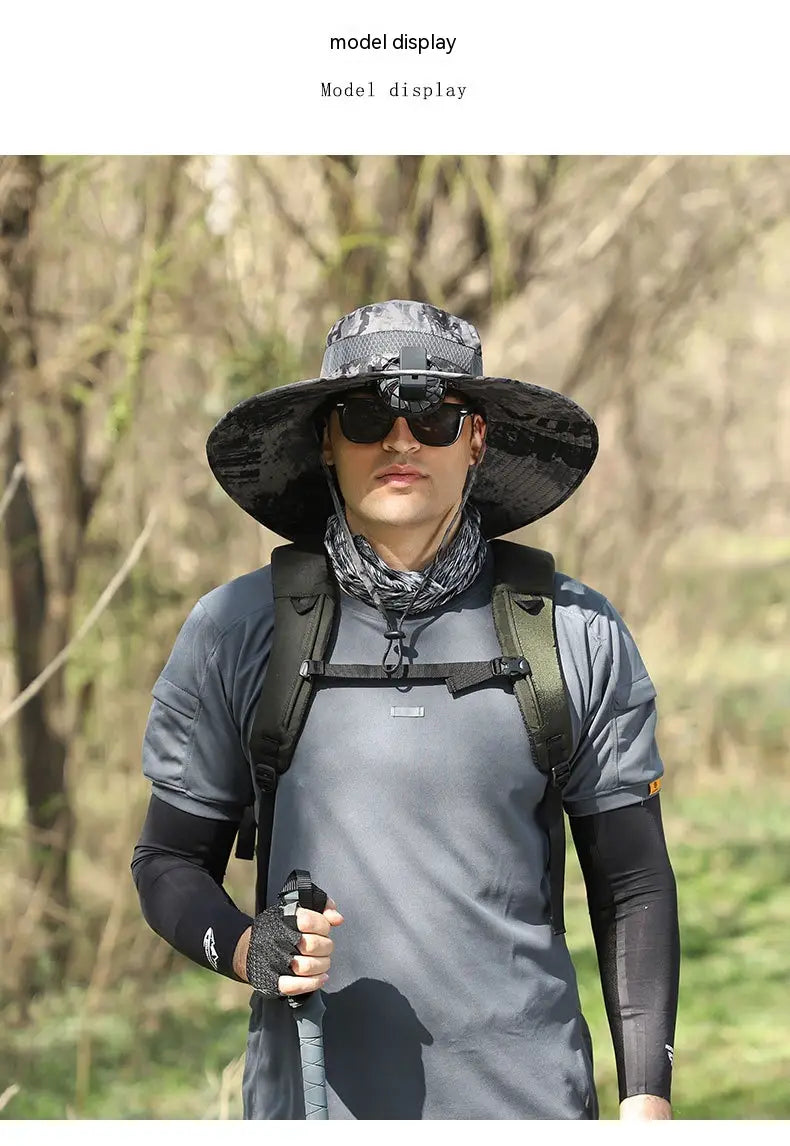 Men sun hat with wide brim camouflage pattern mesh crown and adjustable strap designed for hiking and camera mounting.