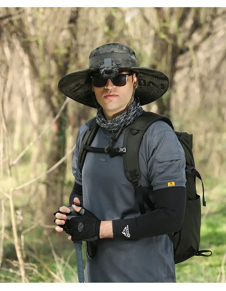 Camouflage-patterned wide-brimmed men sun hat with a headlamp camera mount designed for hiking.