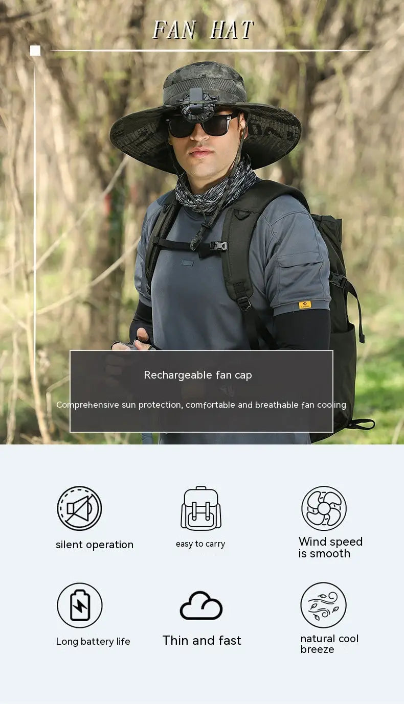 Black camouflage-patterned men sun hat with wide brim featuring a built-in rechargeable cooling fan and camera mount designed for hiking.