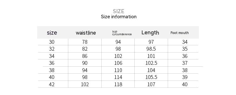 Size information chart in inches for mens plus size pinstripe cargo denim jeans displaying measurements across sizes 30 to 42.