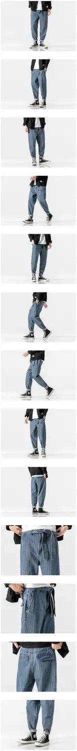 Mens plus size pinstripe cargo denim jeans in blue with a straight-leg cut and classic stitching made from sturdy denim material.