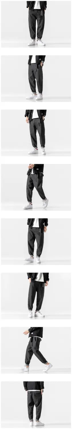 Mens plus size pinstripe cargo denim jeans displayed from the back with a relaxed fit and elastic cuffs.
