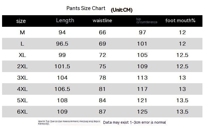 A pants size chart in black text on white background listing measurements from medium to 6XL for the waffle hooded sportswear set.