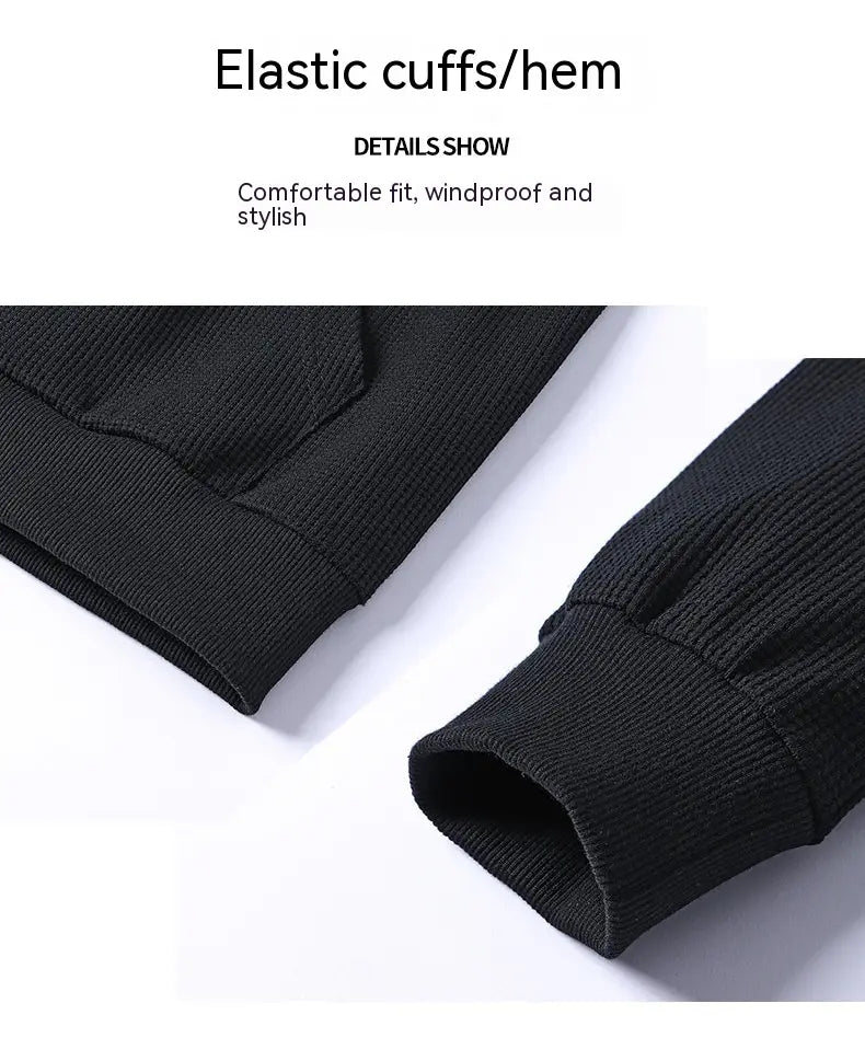 black ribbed elastic cuffs with a snug comfortable fit on a waffle hooded sportswear set