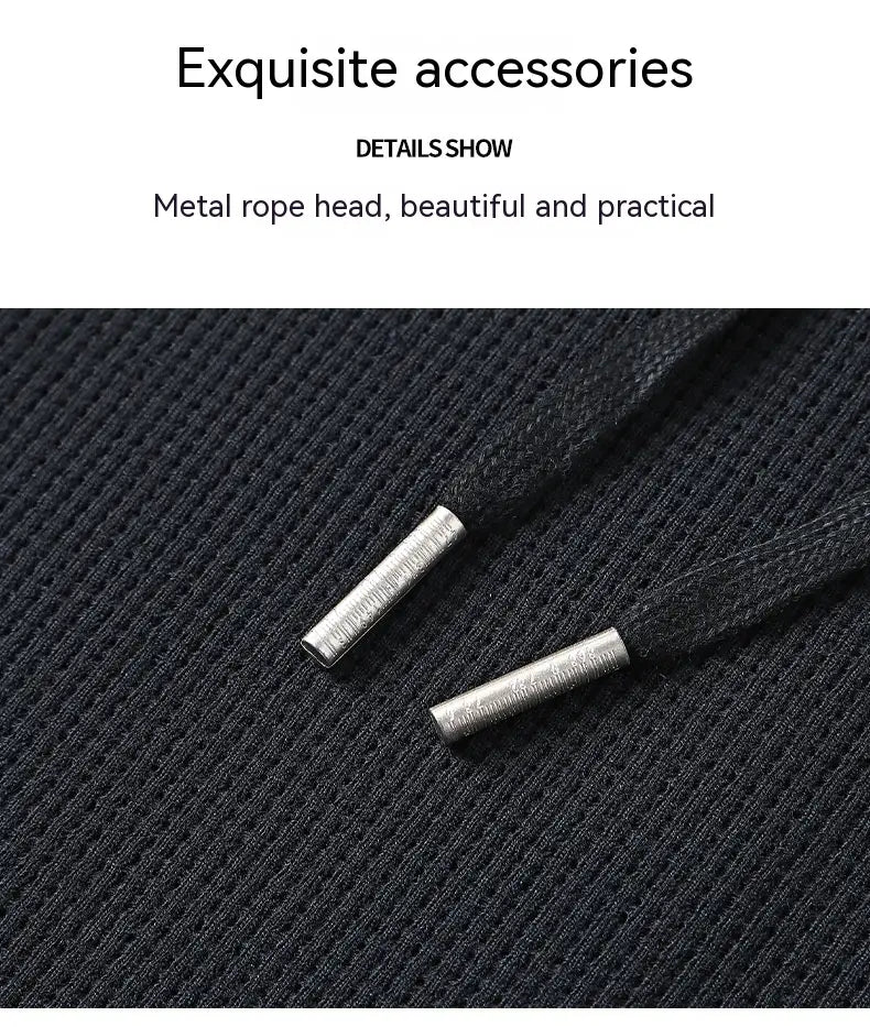 black textured rope with silver metal aglets on a waffle hooded sportswear set for athletic wear