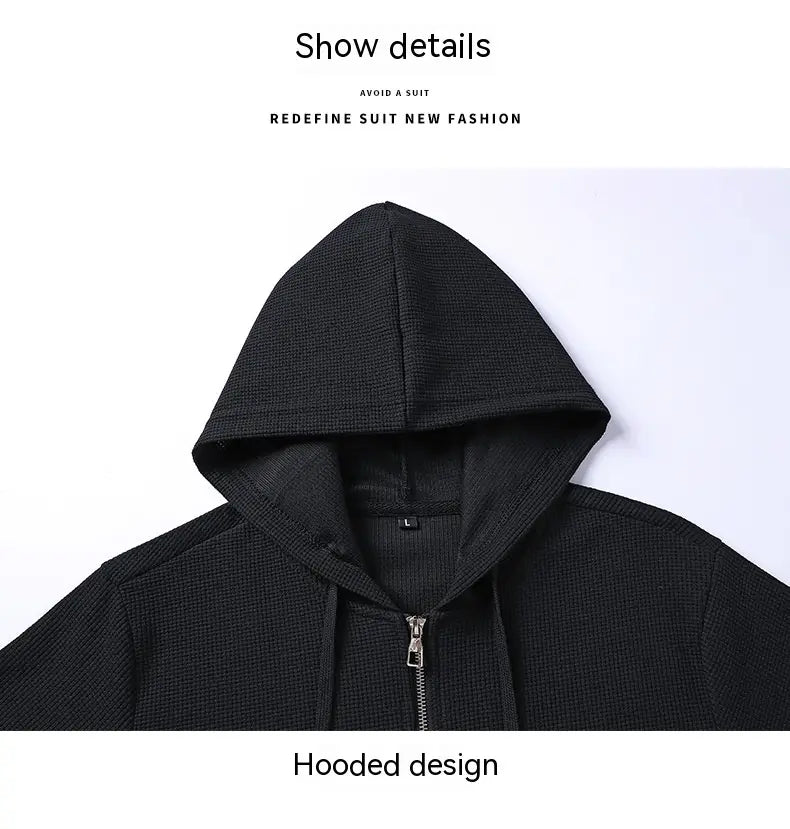 Black hooded zip-up sweatshirt in textured black waffle knit fabric with matching drawstrings from the waffle hooded sportswear set.
