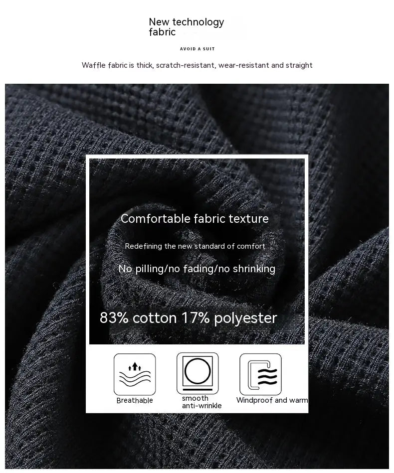 dark navy waffle hooded sportswear set fabric with a textured breathable weave made from 83 percent cotton and 17 percent polyester