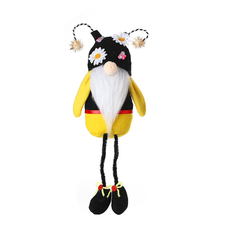Peluche d’gnome abeille à longues jambes sans visage pour décoration, avec un corps noir et jaune, une barbe blanche, des décorations de chapeau en forme de marguerites et des jambes en cure-pipe.