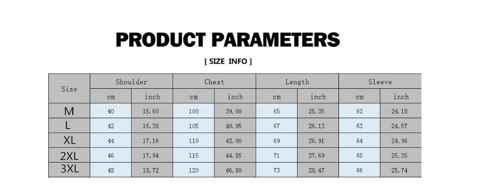 The product parameters table for the men’s casual work shirt herringbone overshirt displays size-specific measurements for shoulder chest length and sleeve in centimeters and inches.