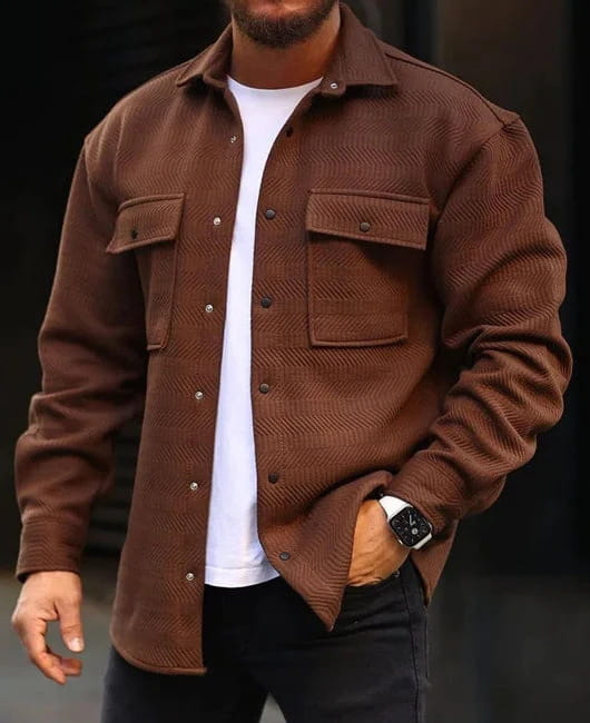 men’s casual work shirt herringbone overshirt in brown textured fabric with button-up front, collar, and two chest pockets