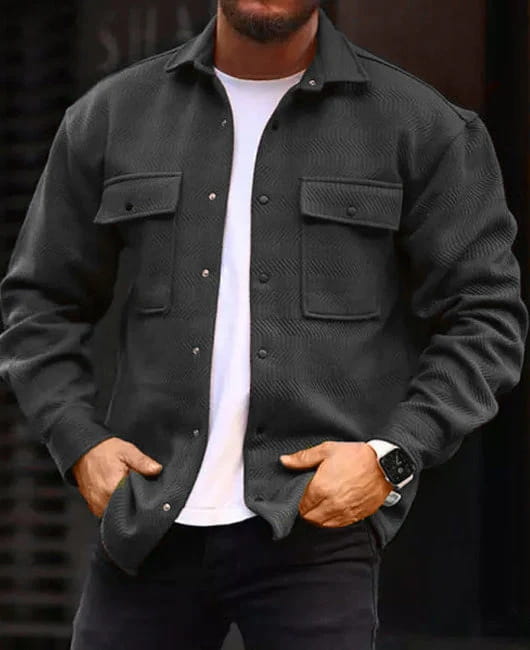 Men’s casual work shirt herringbone overshirt in dark gray with textured fabric, button-up front, two chest pockets, and collar.