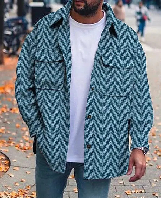 Men’s casual work shirt herringbone overshirt in teal with a button-up design, black buttons, and two chest pockets.