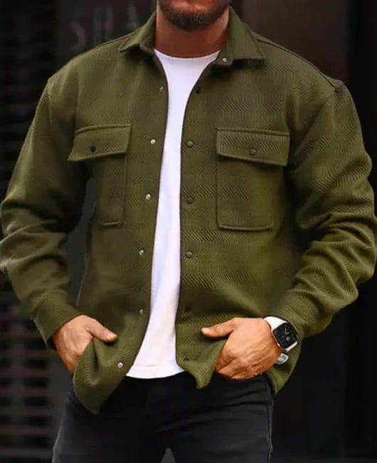 Men’s casual work shirt herringbone overshirt in olive green textured fabric featuring a button-up front, two chest pockets, and a collar.