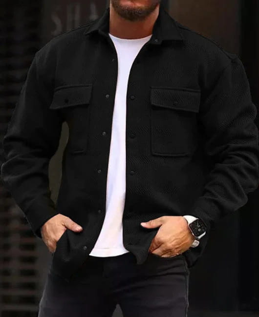 Men’s casual work shirt herringbone overshirt in black corduroy with two chest pockets and a collar.