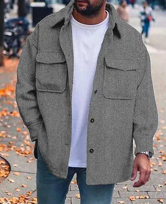 Men’s casual work shirt herringbone overshirt in gray with a herringbone pattern, featuring a button-up front, two chest pockets, and black buttons.
