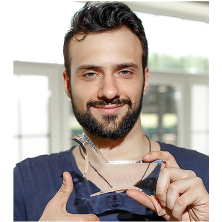 A sleek transparent-framed beard shaping tool and template comb for men featuring a minimalist design with metallic accents.