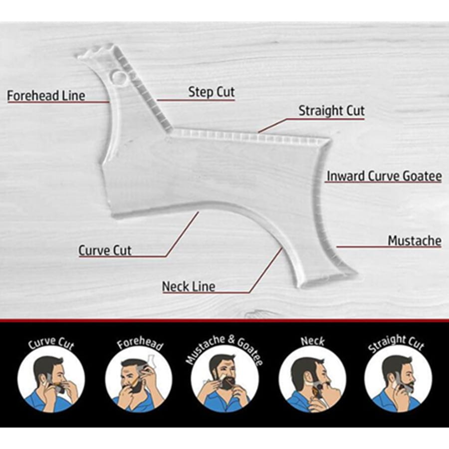 clear plastic beard shaping tool and template comb for men with labeled cut sections for precise grooming and trimming guidance.