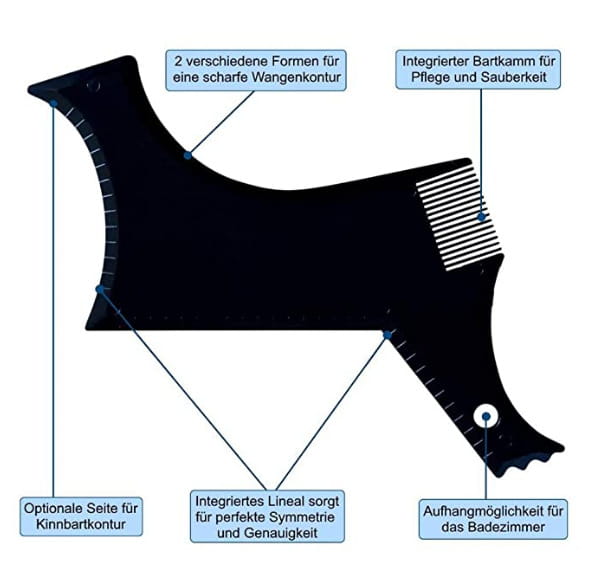 Black plastic beard shaping tool and template comb for men with integrated ruler markings for precise facial contouring.