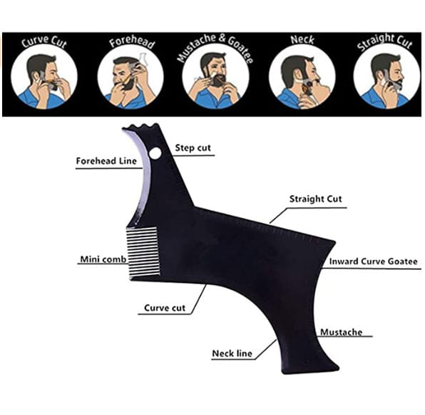 Black plastic beard shaping tool and template comb for men with a mini comb and labeled cutting edges for precise facial hair styling.