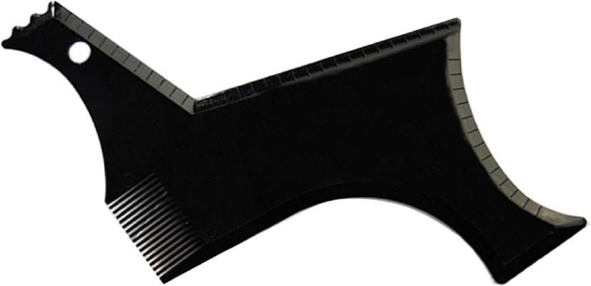 Black plastic beard shaping tool and template comb for men with a curved handle, toothed edge, and measurement markings along the top surface.