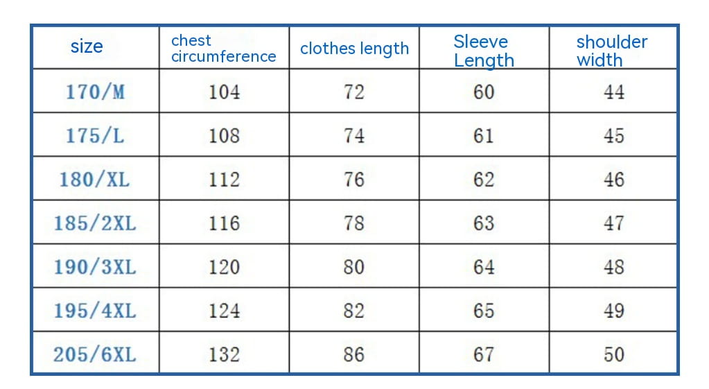 Size chart in centimeters for men wool overcoat plaid lined lapel winter jacket showing chest circumference, clothes length, sleeve length, and shoulder width for sizes 170 m to 205 6xl.