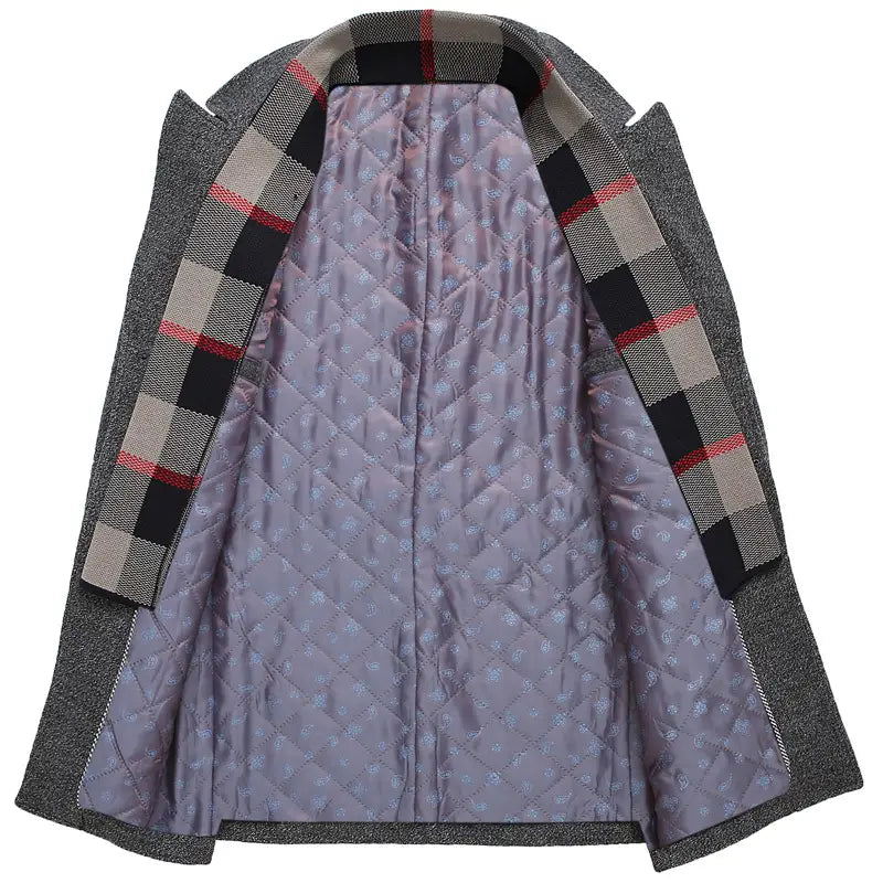 Men wool overcoat in gray with plaid-lined lapel collar and quilted lavender interior designed as a winter jacket.
