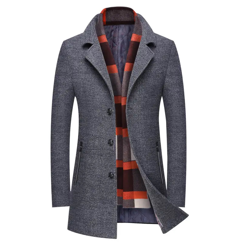 Men wool overcoat gray woolen fabric with notched collar three black buttons and vertical side pockets winter jacket with plaid lined lapel.