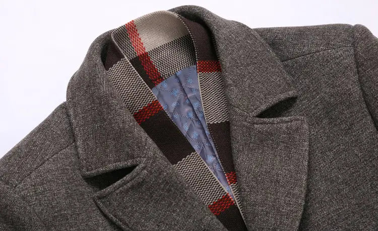 Men wool overcoat gray woolen coat with plaid-lined lapel featuring red black and beige stripes for winter use.