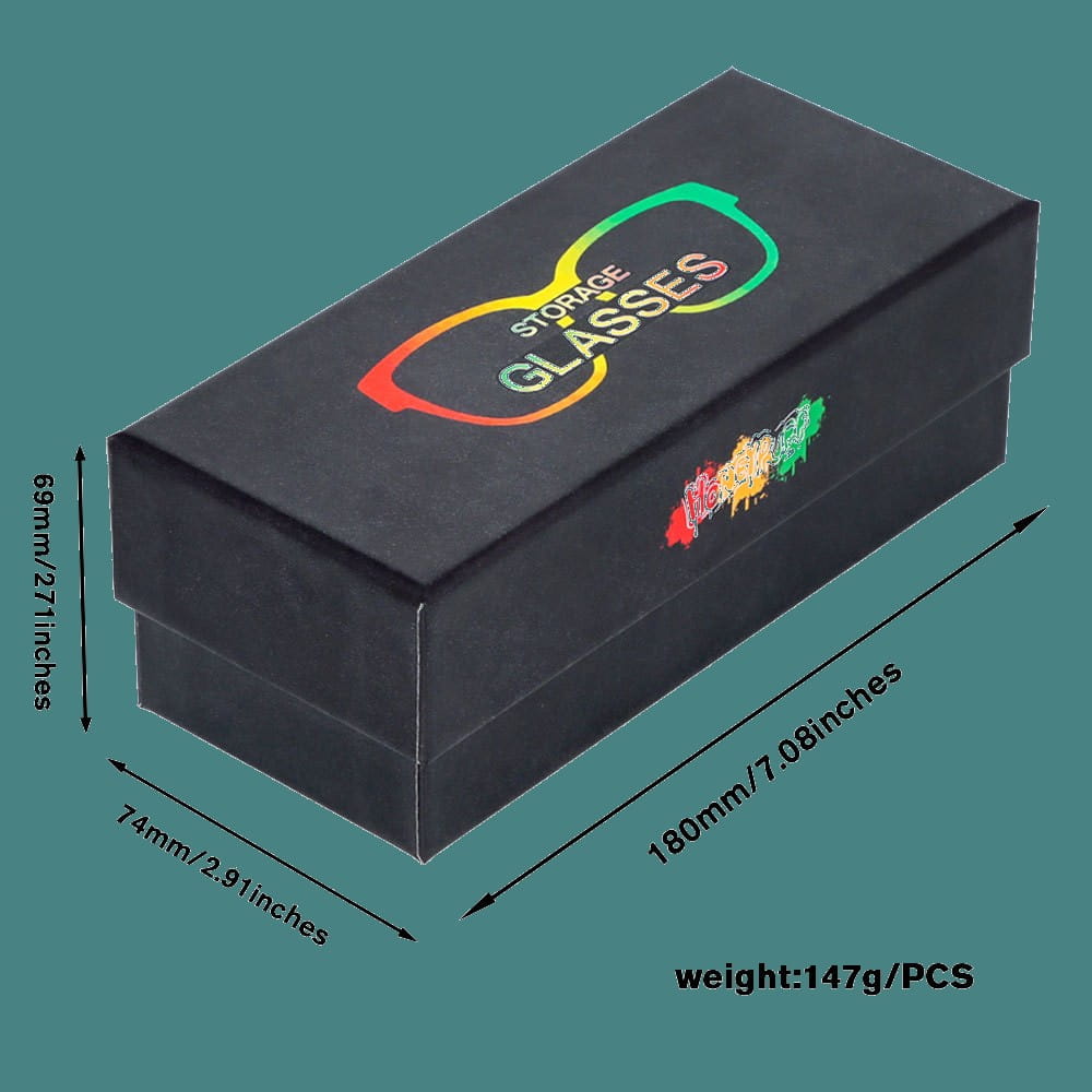 虹色の縁取りで眼鏡の意匠をあしらい、カラフルなペイントの飛沫デザインを施した黒色の長方形メガネ収納ボックス。取り外し可能な収納チューブ付きの多機能長方形サングラスに対応しています。
