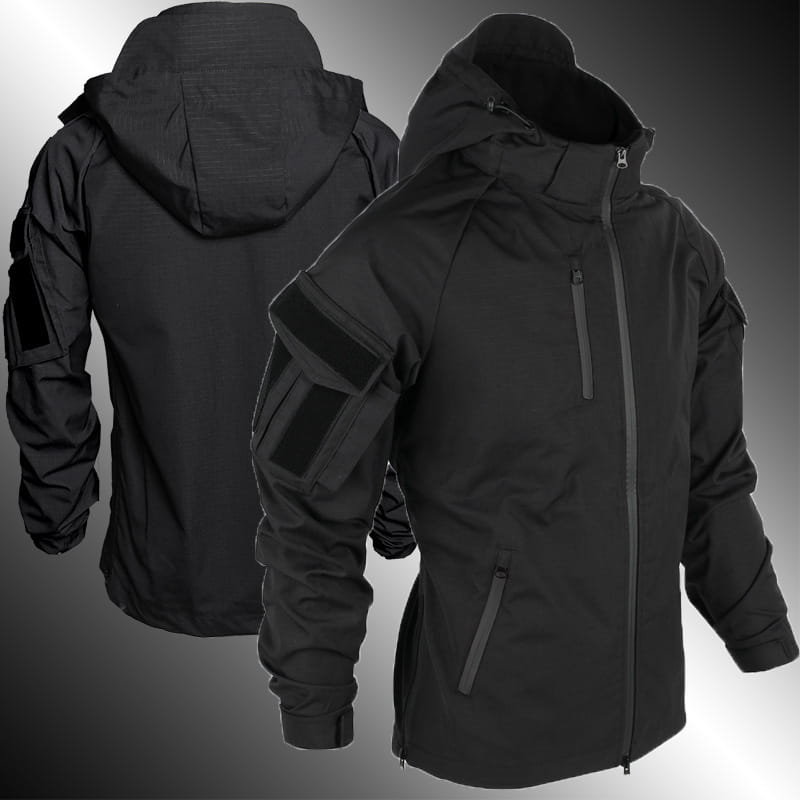 Black tactical soft shell jacket with hood zippered front and arm patches from a tactical soft shell jacket and cargo pants suit.
