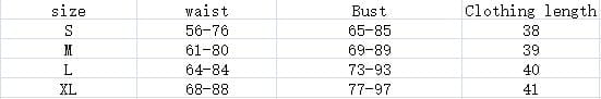The size chart for a women’s ribbed sleeveless slim fit crop top displays measurements in centimeters for sizes S through XL.