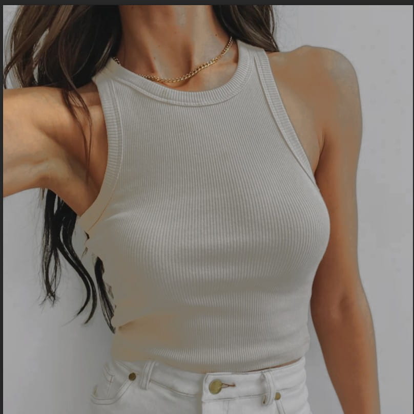 Women’s ribbed sleeveless slim fit crop top in off-white with a round neckline and thin shoulder straps.