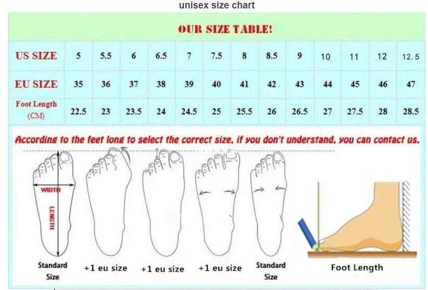 Unisex size chart for men’s black crocodile embossed leather sneakers showing US and EU sizing, foot length in centimeters, and diagrams comparing standard and wider foot widths for accurate shoe selection.