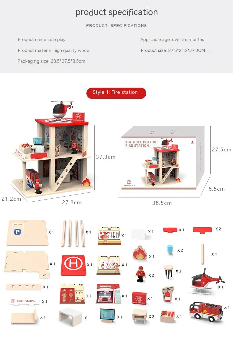 Jeu d’ensemble caserne de pompiers et poste de police en bois pour enfants, comprenant une caserne de pompiers en bois rouge et blanc avec un intérieur détaillé, une échelle, un hélicoptère et des véhicules miniatures.