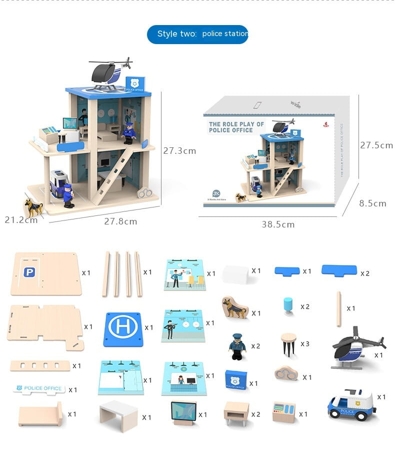 Jeu d’ensemble caserne de pompiers et poste de police en bois pour enfants, comprenant un poste de police en bois bleu et blanc avec un hélicoptère, une voiture et des figurines miniatures.