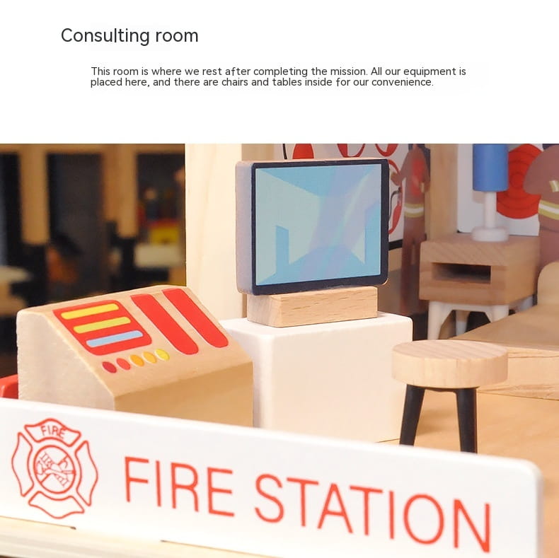Jeu d’ensemble caserne de pompiers et poste de police en bois pour enfants, comprenant un bureau de jeu pour la caserne de pompiers avec des détails de panneau de contrôle rouge et jaune.