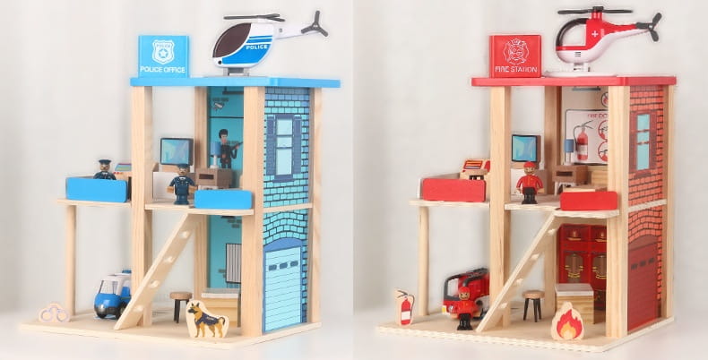 Jeu d’ensemble caserne de pompiers et poste de police en bois pour enfants, avec des touches bleues et rouges, de petites figurines, des véhicules-jouets et un hélicoptère sur le dessus.