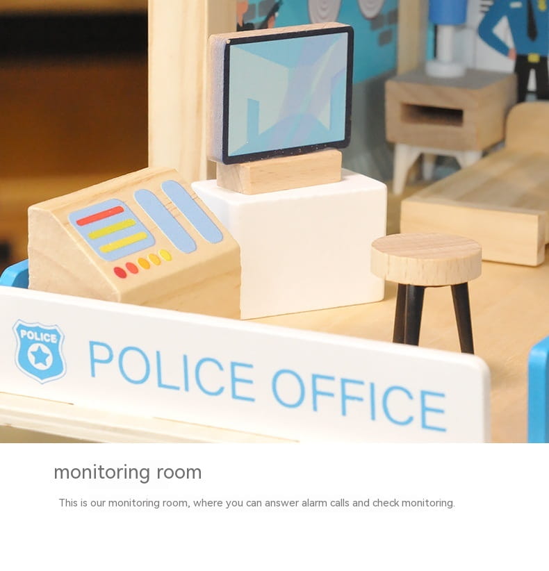 Jeu d’ensemble caserne de pompiers et poste de police en bois pour enfants, comprenant un bureau de bureau de police en bois avec un écran bleu clair et un panneau de contrôle coloré.