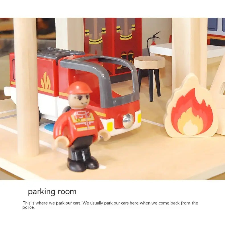 Jeu d’ensemble caserne de pompiers et poste de police en bois pour enfants, comprenant un camion de pompiers en bois rouge et blanc avec des accents gris et un autocollant de flamme sur le côté.