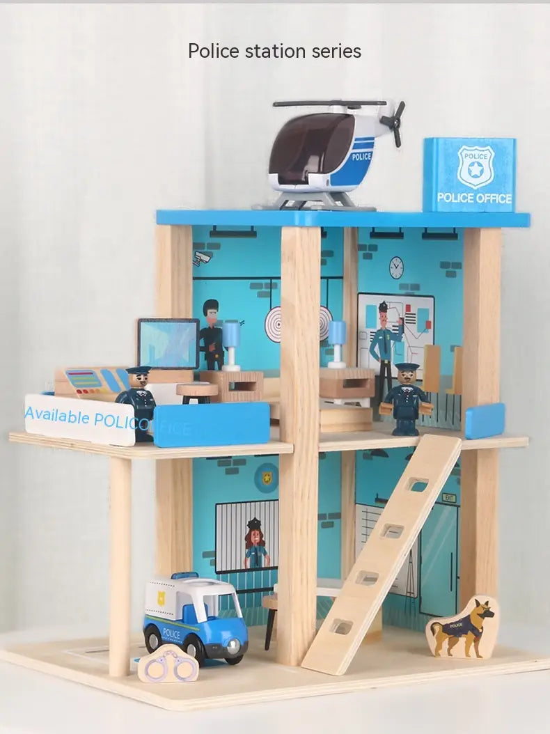 Jeu d’ensemble caserne de pompiers et poste de police en bois pour enfants, comprenant une caserne de police en bois bleu et blanc avec un hélicoptère, des agents et des véhicules.