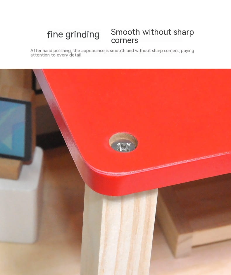jeu d’ensemble caserne de pompiers et poste de police en bois pour enfants, comprenant une table en plastique rouge aux bords arrondis et une vis visible dans le coin